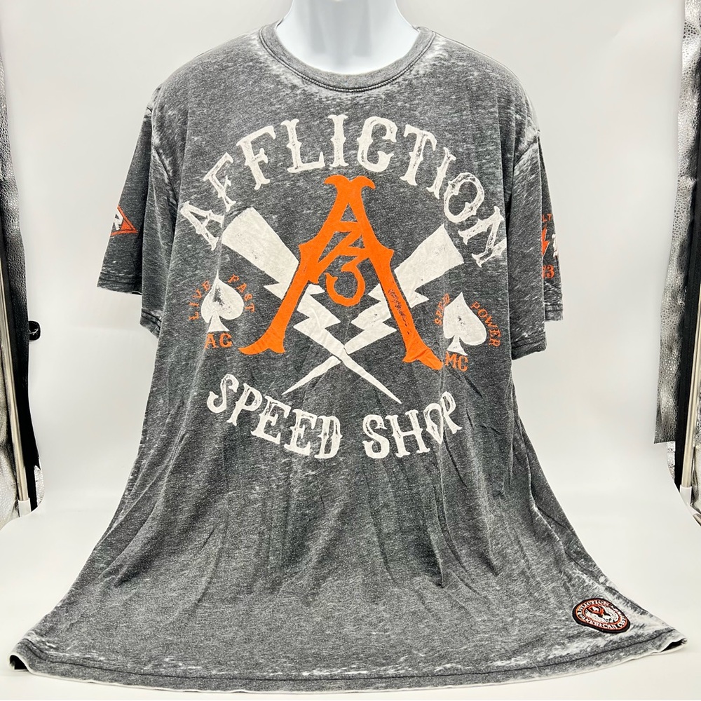 Affliction Men’s Gray and Orange Short Sleeve Graphic Tee w/Graphic Design 3XL